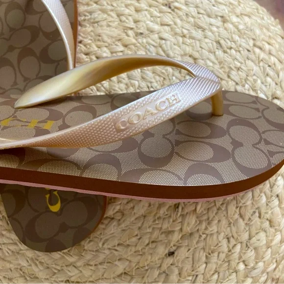 COACH ⭐️NWOT Slip On Sandals in Gold + Brown - Picture 4 of 8